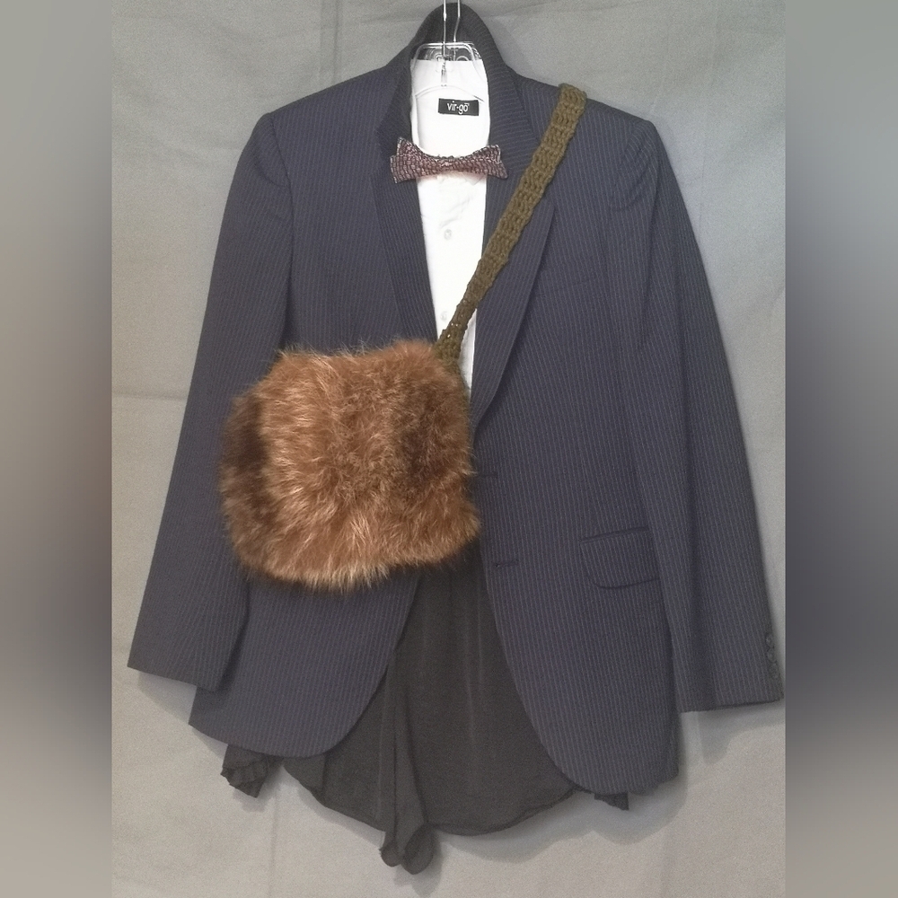 50s Vintage checkered Navy Blue Silk Wembly Clip-On Bow Tie and Tuxedo Shirt